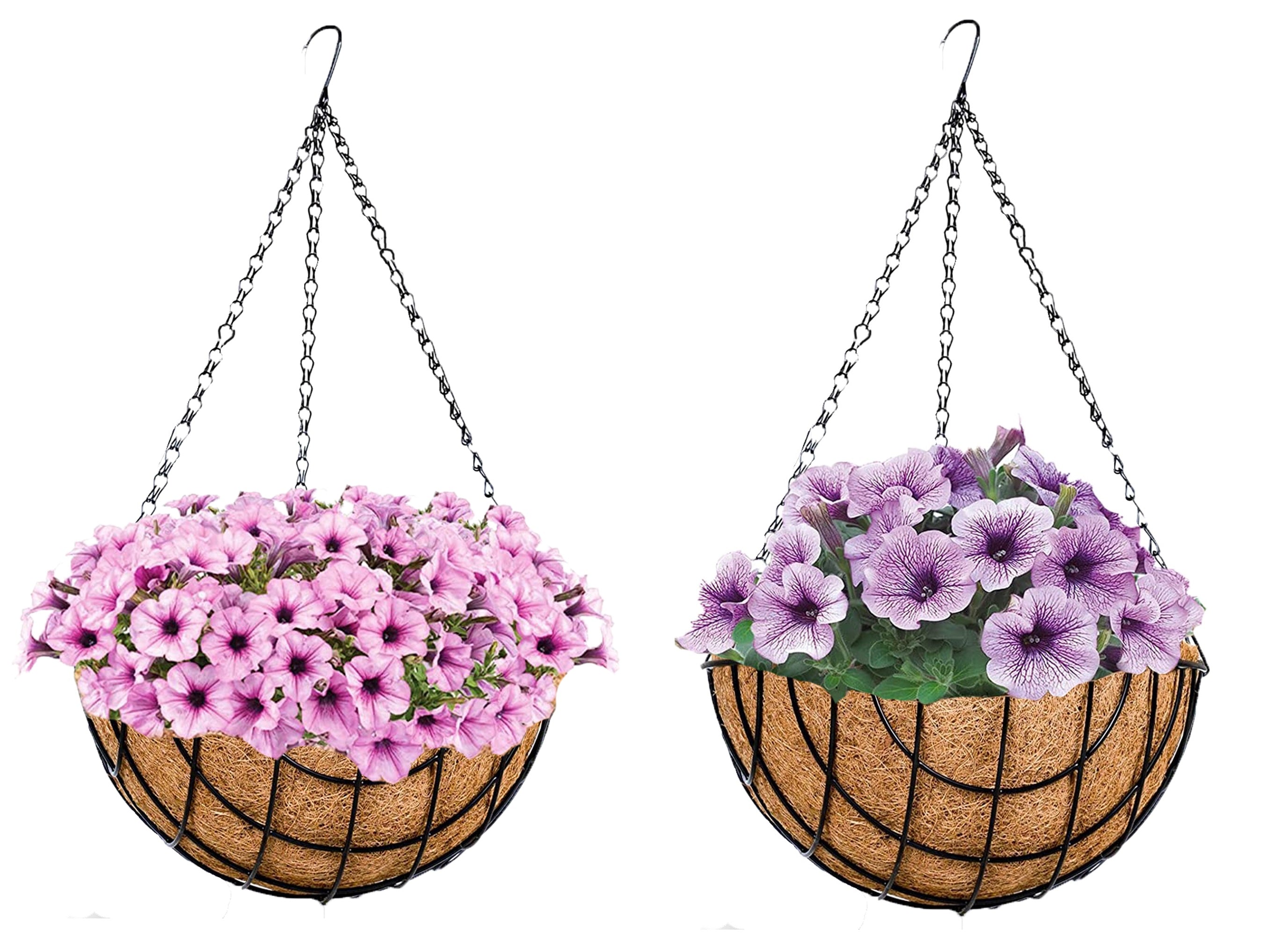 Deepthi Hanging Metal Baskets with Coco Coir Liner and Chain - Flower Pot Hanger - Pack of 2